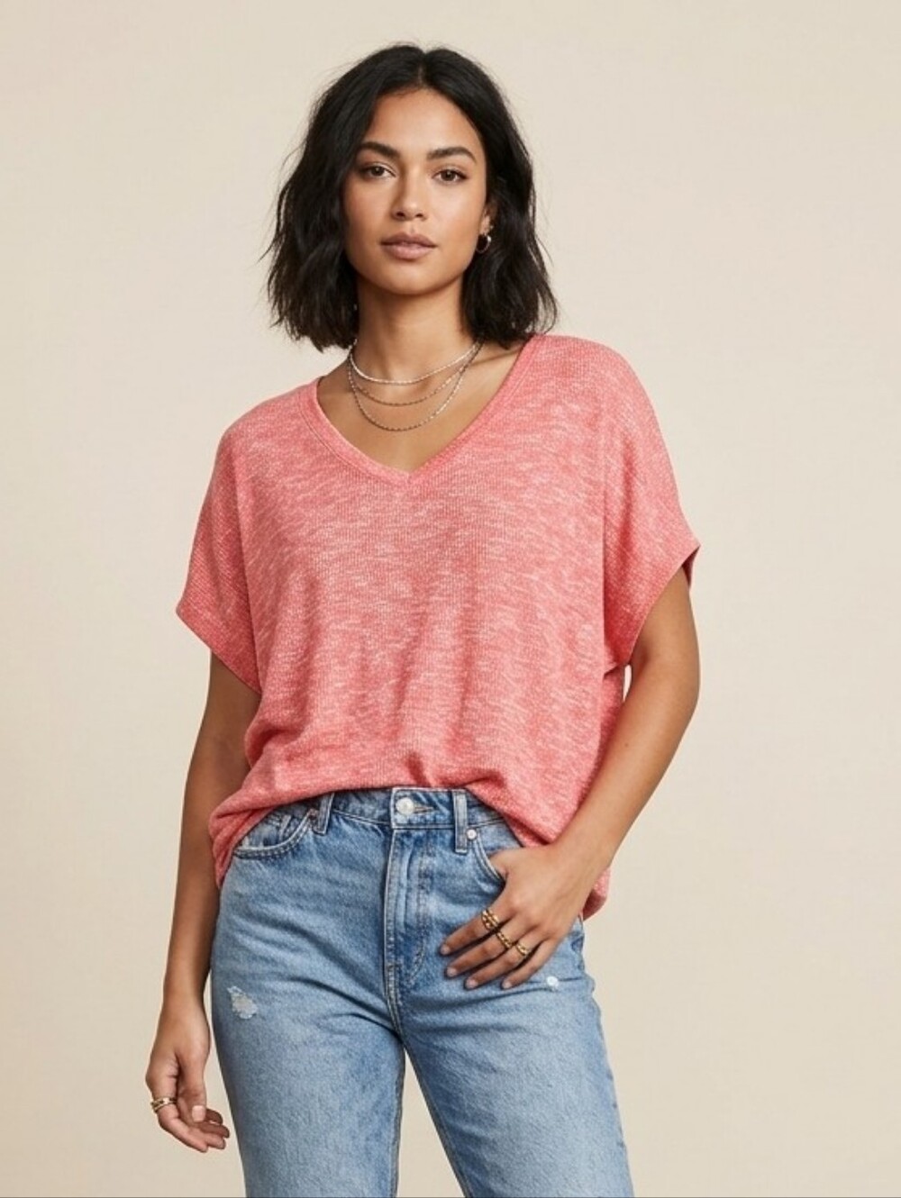 Time and Tru Coral Textured Oversized V-Neck Top, Casual & Comfortable, size XL